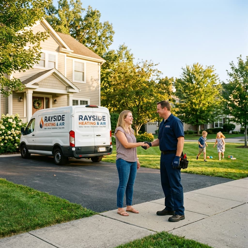 Happy homeowner shaking hands with Rayside HVAC technician outside