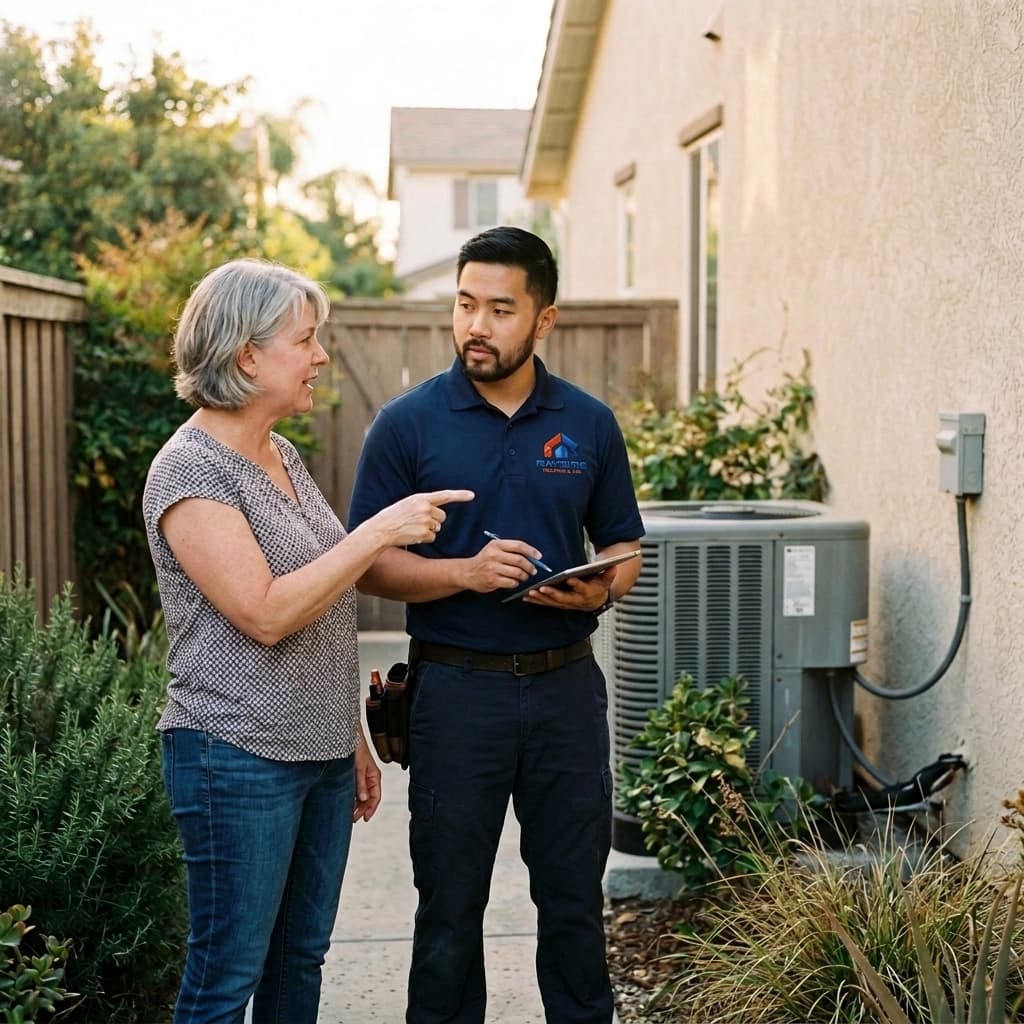 A professional certified Rayside technician in uniform assessing a system diagnostic with the homeowner