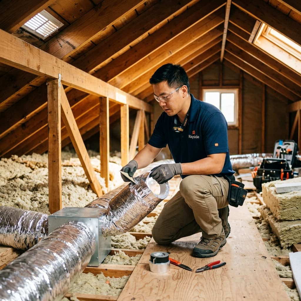 Rayside technician tape-sealing insulated ductwork in attic