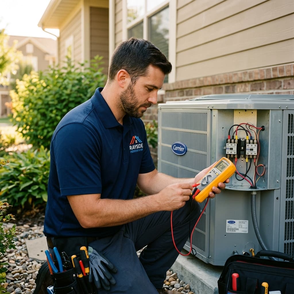 Rayside technician testing AC condenser electrical panel with voltmeter