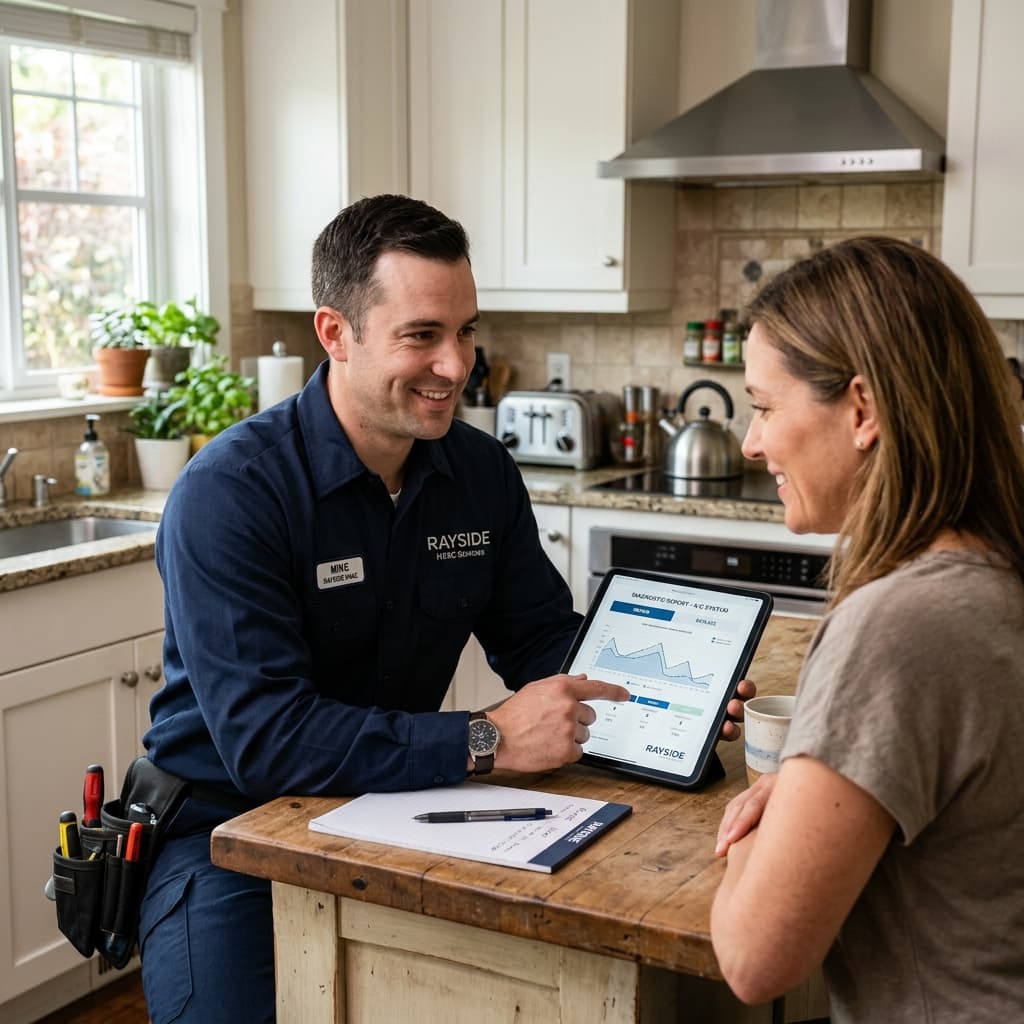 Technician showing tablet options and explaining details to a homeowner