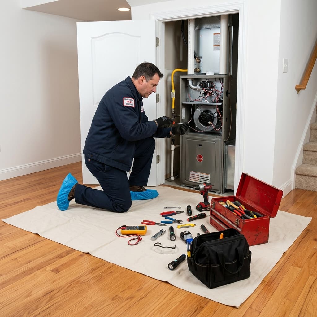 Canvas drop cloth neatly laid out on hardwood floor in front of a furnace