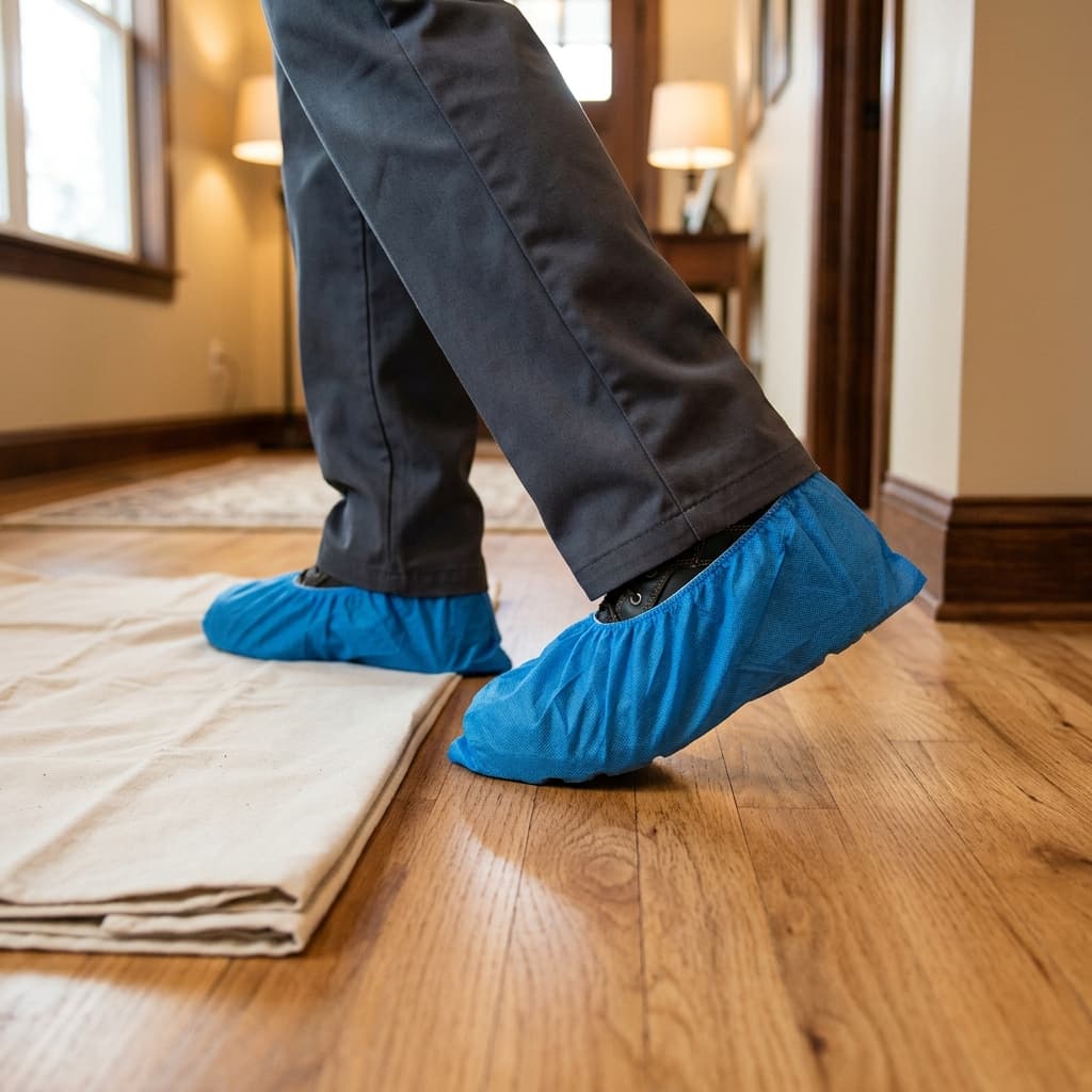 Technician wearing clean blue shoe covers stepping onto a home floor